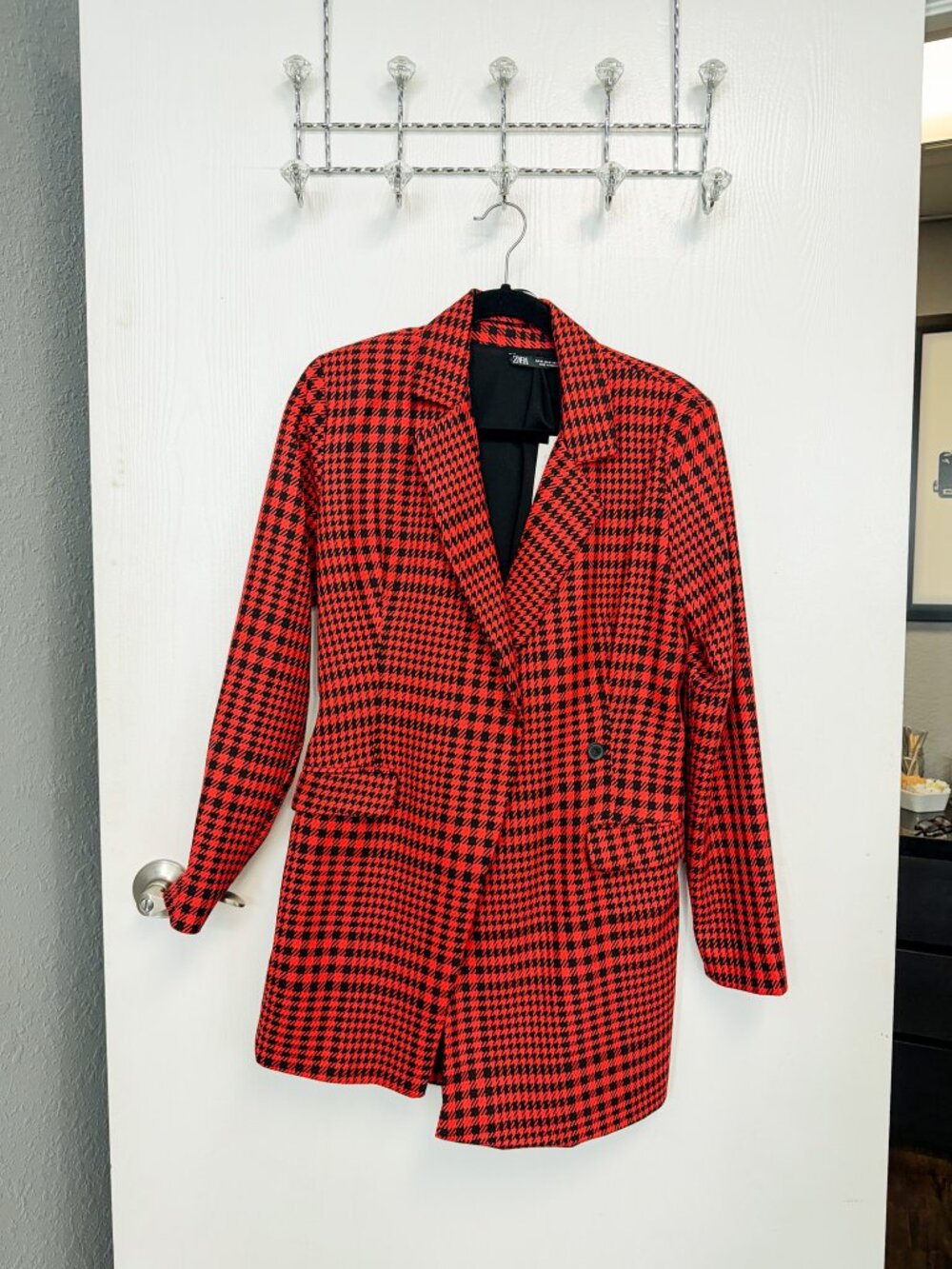 ZARA Red Black Plaid Blazer Dress Romper Built-In Shorts Size M NWT